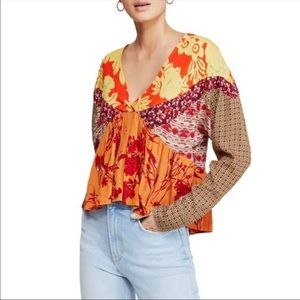 NWOT Free People Multi Color Print V Neck Long Sleeve Top XS